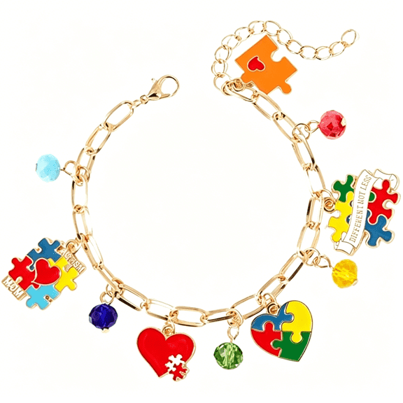 DESIGNICE Autism Awareness Bracelet Sets Colorful Puzzle Piece Heart Charms Autism Bracelets Stackable Beaded Chain Jewelry for Autism Support Gift
