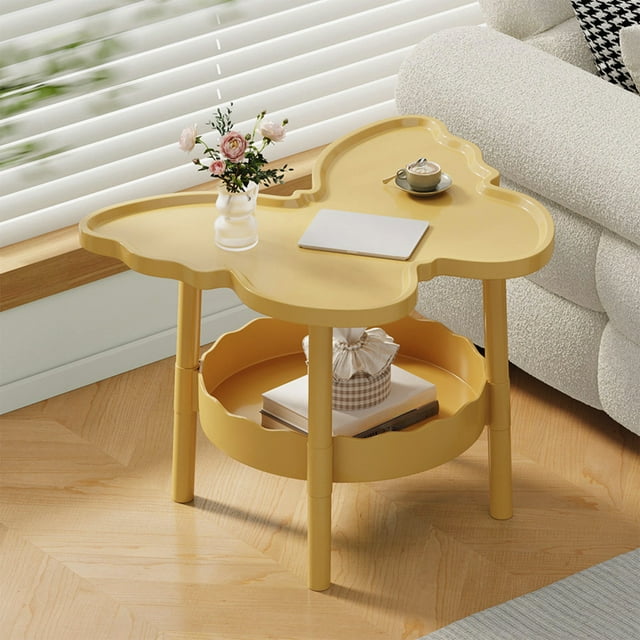 Table d'Appoint Moderne à 2 Niveaux, Table Basse en Forme de Papillon avec Tablette de Rangement à Étages, Table de Chevet Multifonction pour Chambre, Salon et Bureau, Blanc/jaune/rose/noir/vert