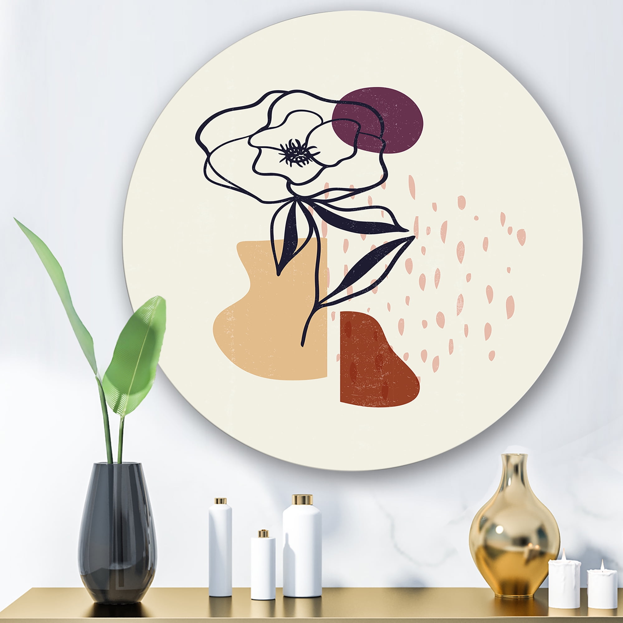 Designart 'Minimalist Shapes With Ancient Flower I' Modern Circle Metal Wall Art 11x11 - Disc of 11