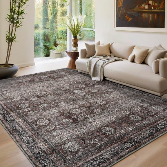 ZACOO 5'x7' Vintage Distressed Floral Medallion Area Rug, Machine Washable Low Pile Non-Slip Rug for Home Office Bedroom Kitchen, Brown