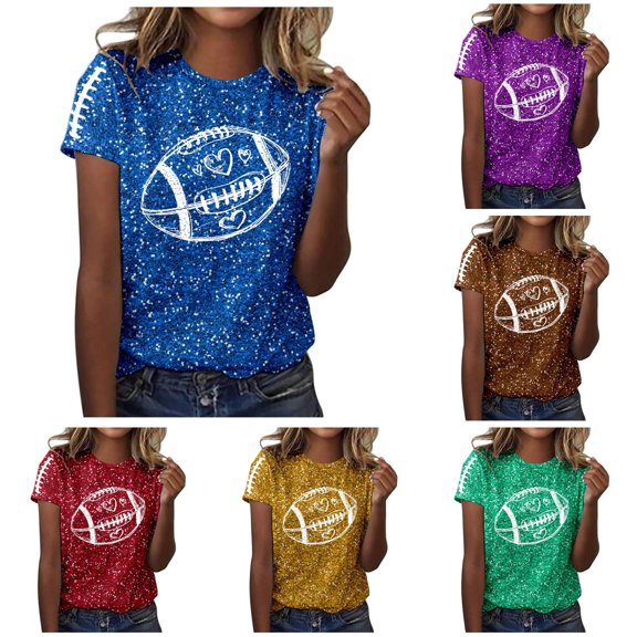 Trendfront Womens Heart Football Graphic T Shirts Crewneck Short Sleeve Sparkle Sports Casual Tee Tops Sports Fan Everyday Wear