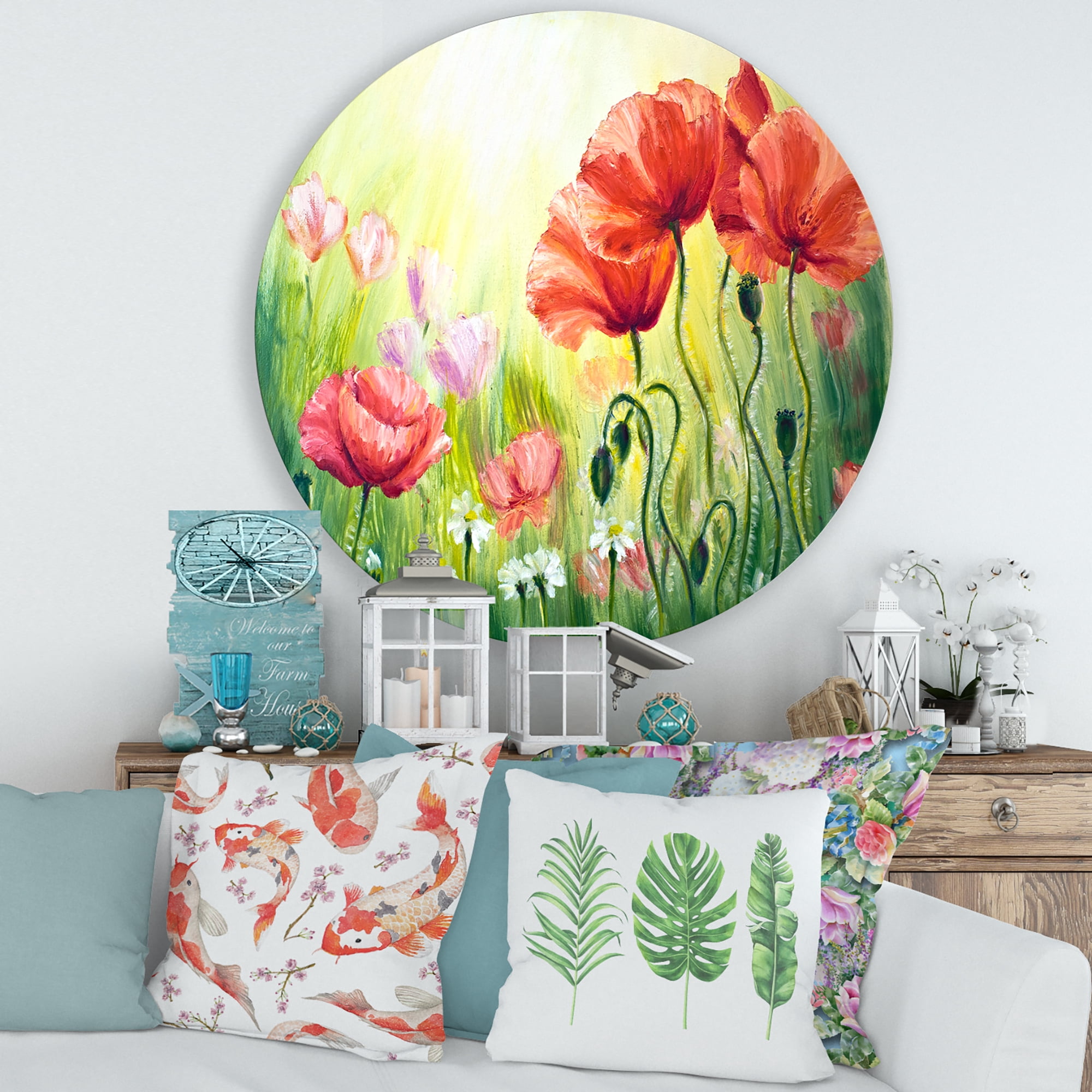 Designart 'Blossoming Red and Purple Poppies In The Morning I' Traditional Circle Metal Wall Art 36x36 - Disc of 36