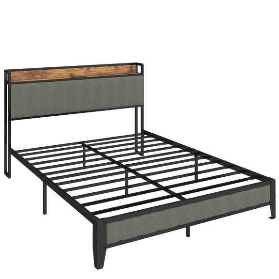 Queen Size Bed Frame with Charging Station, Upholstered Headboard, Metal Platform, Grey