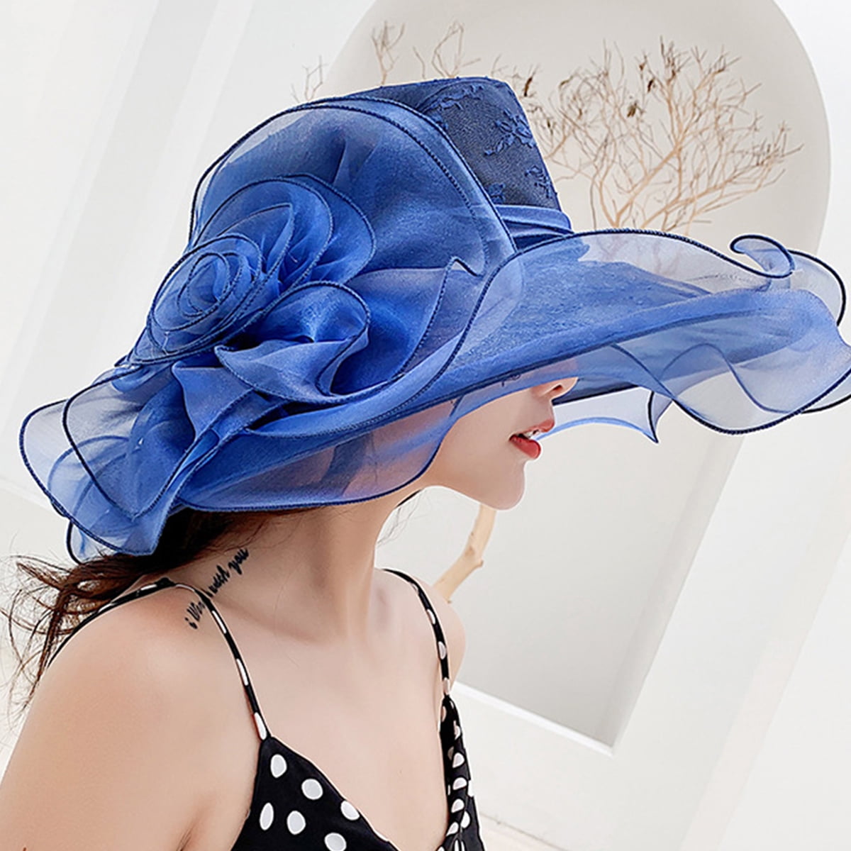 Neinkie Ladies Kentucky Derby Church Hat Wide Brim Leaf Flower