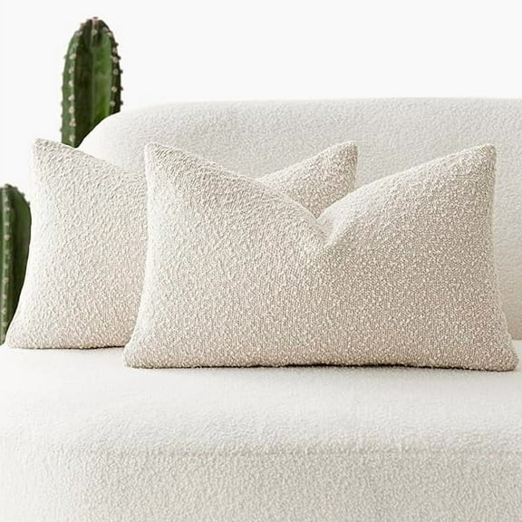 Pack of 2 Textured Boucle Throw Pillow Covers Accent Solid Lumbar Pillow Cases Cozy Soft Decorative Couch Cushion Case for Chair Sofa Bedroom Living Room Home Decor, 12 x 20 Inch,Beige
