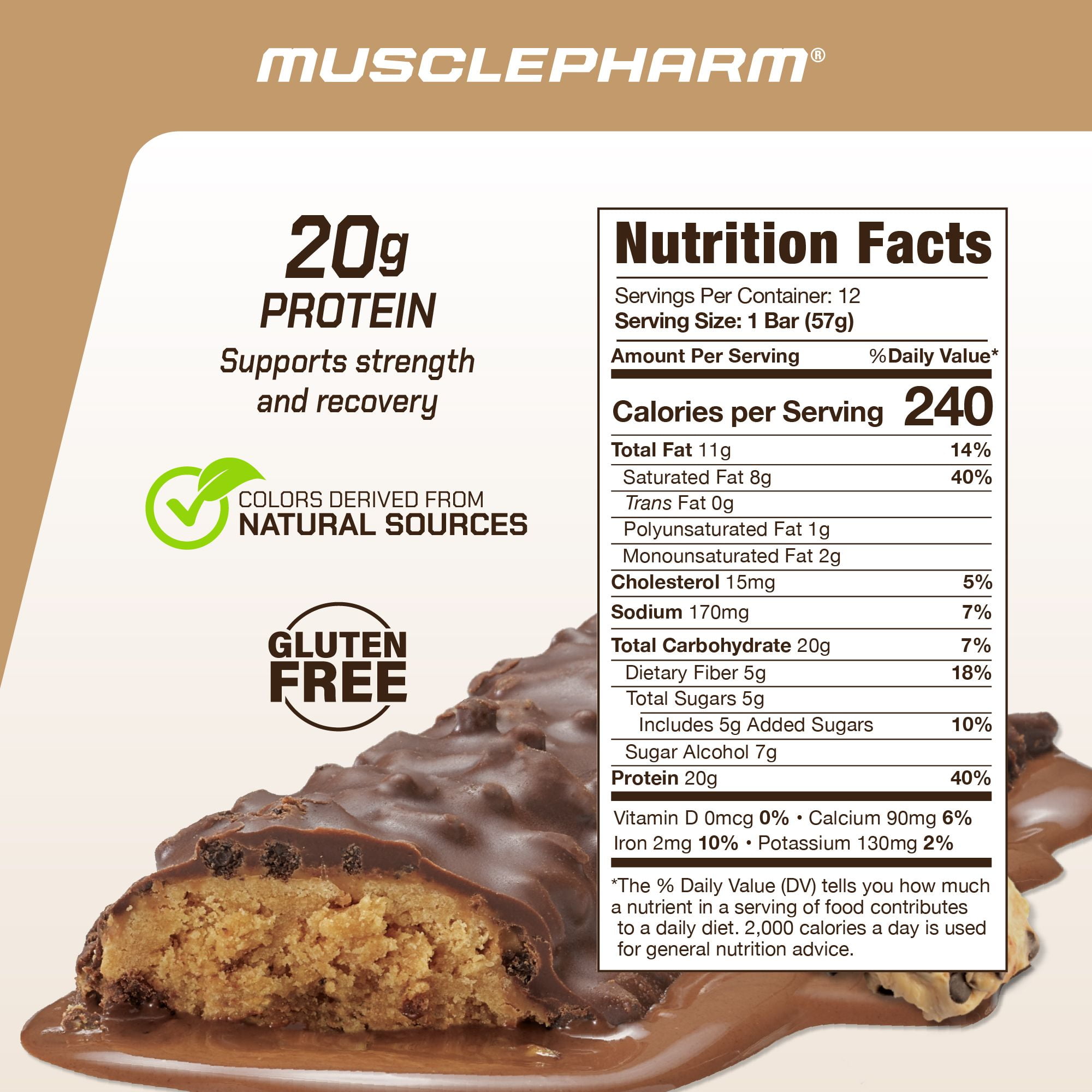 MusclePharm Combat Crunch Protein Bar, Chocolate Chip Cookie Dough, 20g Protein, 12 Ct
