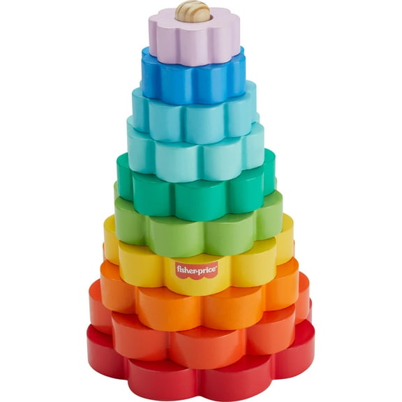 Fisher-Price Wooden Rainbow Ring Stacking Toy, Fine Motor Skills for Toddlers 18 month, 26 Wood Pieces