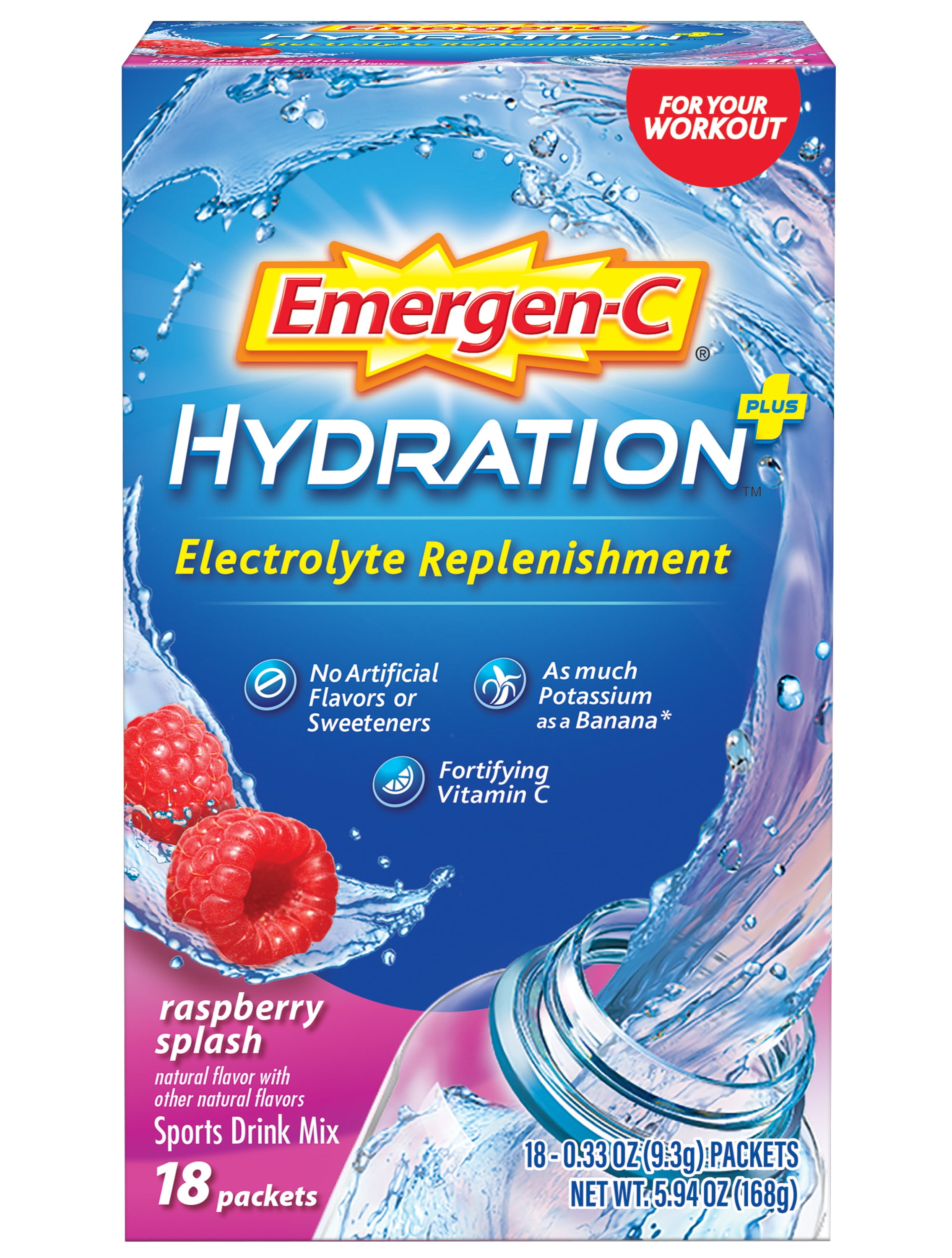 EmergenC Hydration+ (18 Ct, Raspberry Flavor) Hydration Powder Mix