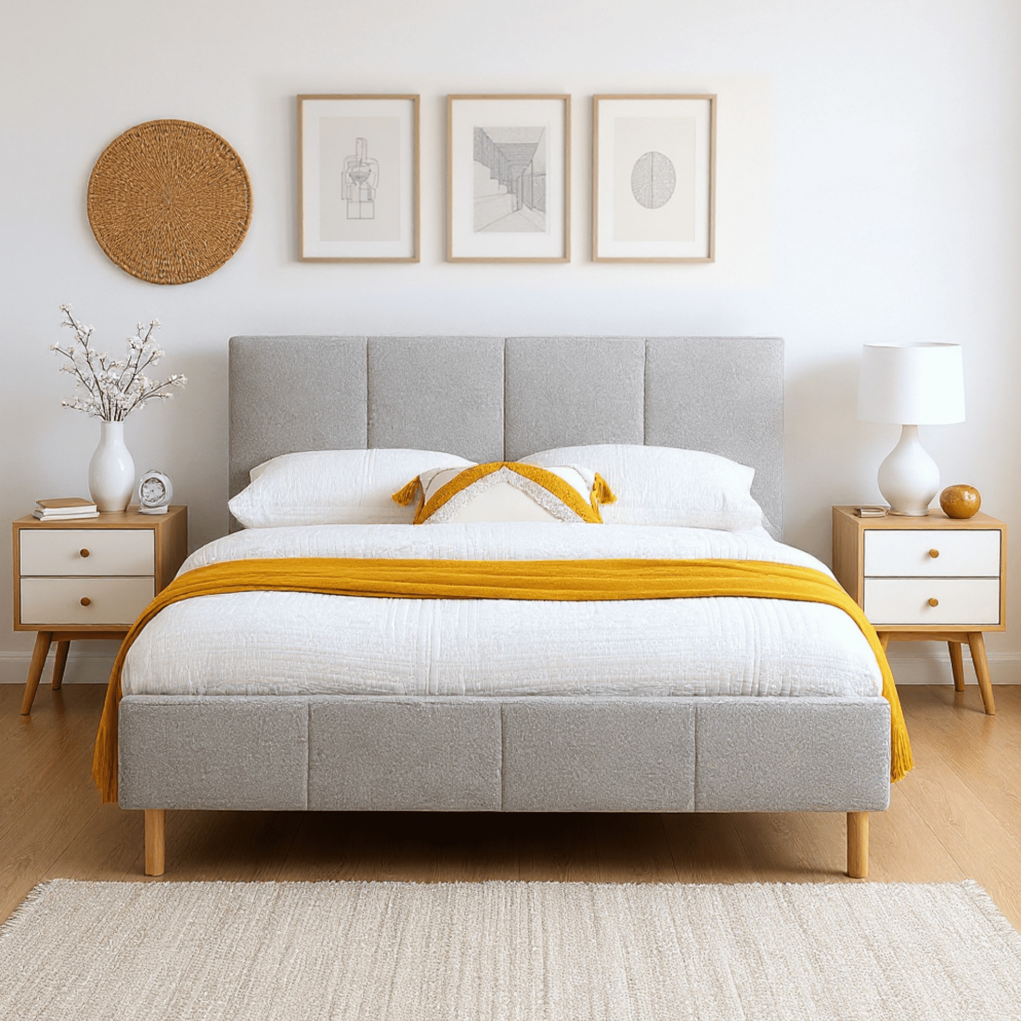 Gewnee King Size Platform Bed Frame with Upholstered Headboard,Sturdy Wood Slats & Center Support,No Box Spring Needed,Easy Assembly,Gray