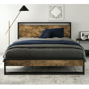 Allewie Brown Full Bed Frame with Wooden Headboard, High Metal Platform Bed