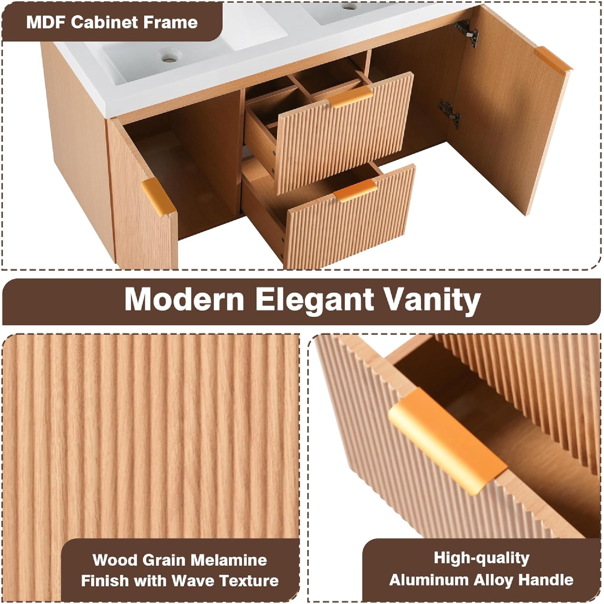 48 inch Bathroom Vanity with Sink Combo, Floating Double Sink Bathroom Vanities with SMC Resin Top, MDF Cabinet with Solid Wood Frame, Wall-Mounted Vanities for Large Bathrooms (48''-Wood)