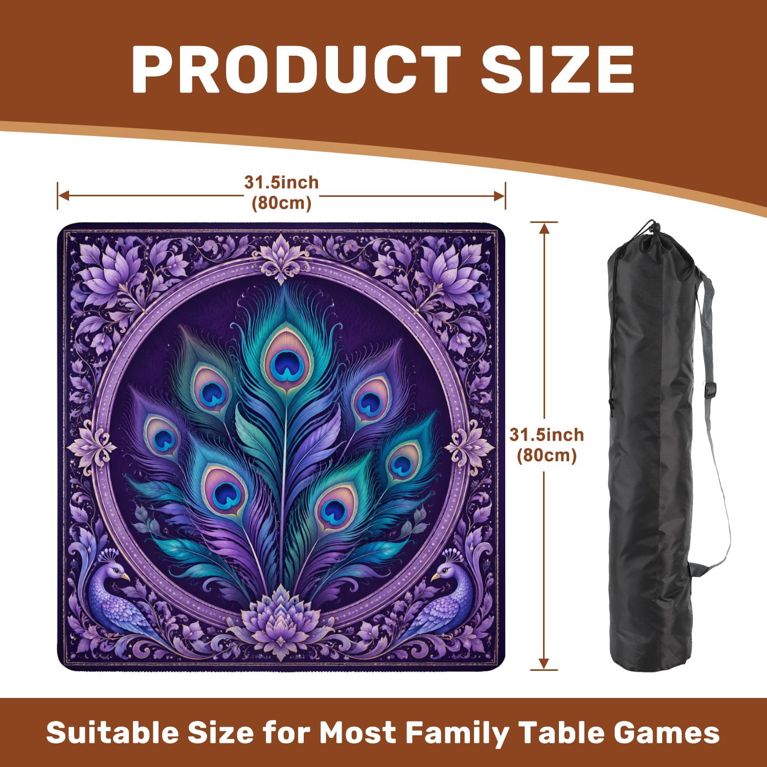 Mahjong Mat 31.5" x 31.5" Peacock Feather Purple Teal Ornamental Mandala Frame Non-Slip Noise Reduction Chic Portable Gaming Table Cover for Family Game Night & Gift