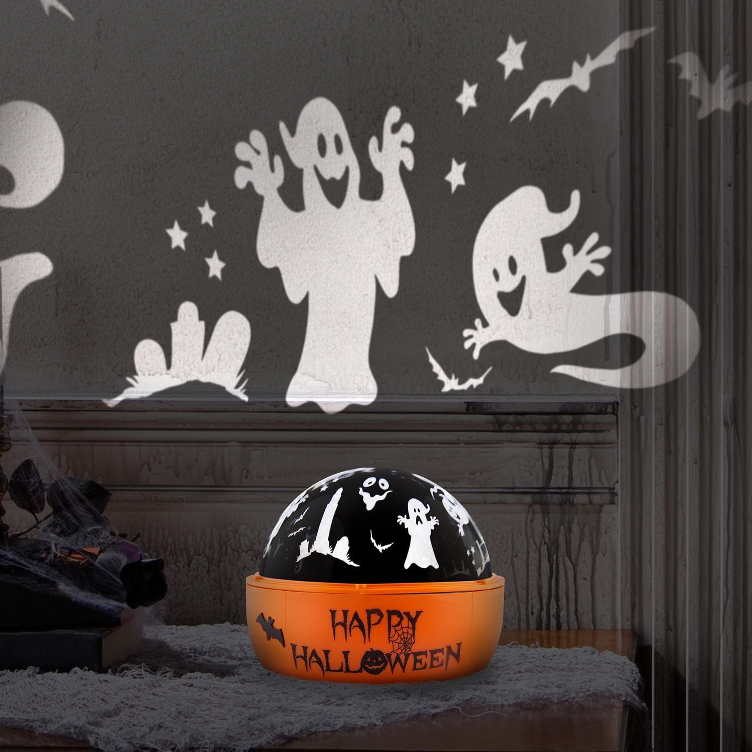 Projection de Lumière d'Halloween sur Table avec Ombres et Fantômes Effrayants (Blanc)