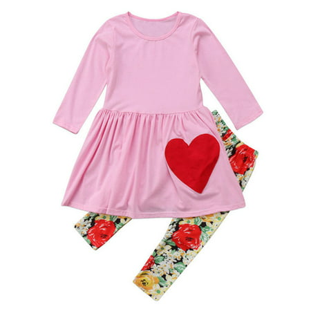 Baby Girls Floral Valentine's Day Outfits Long Sleeve Love Heart Tunic Top With Legging Pant 4-5 Year