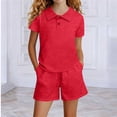 thumbnail image 3 of Cethrio Girls Summer Outfit Sets 2 Piece, Short Sleeve Collared Solid Color Girls' Clothing Sets Red Size 3-4 T, 3 of 4