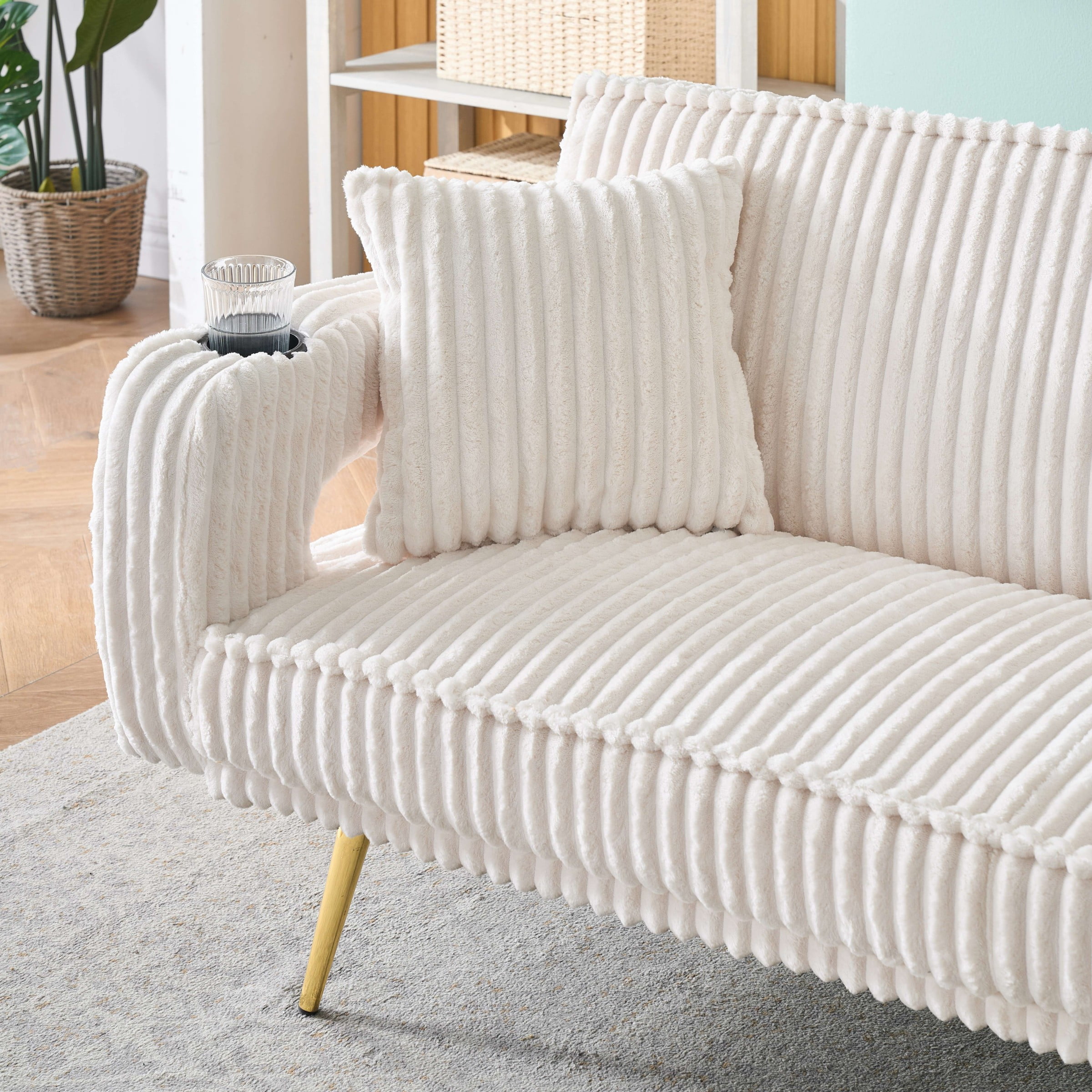 Corduroy Futon Sofa Bed with Pillows,74 inch Modern Convertible Loveseat Sleeper Bed with Adjustable Backrest for Living Room,White