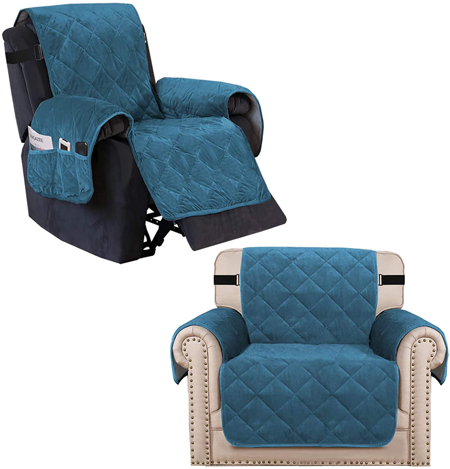 Velvet Plush Peacock Blue Recliner Cover and Chair Cover Bundle