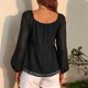 thumbnail image 2 of Tops Con Cuello En V Para Mujer, Blusa De Manga Larga De Material De Gasa Con Estampado De Puntos Elásticos Encantadores Para Vacaciones En La Oficina, 2 of 6