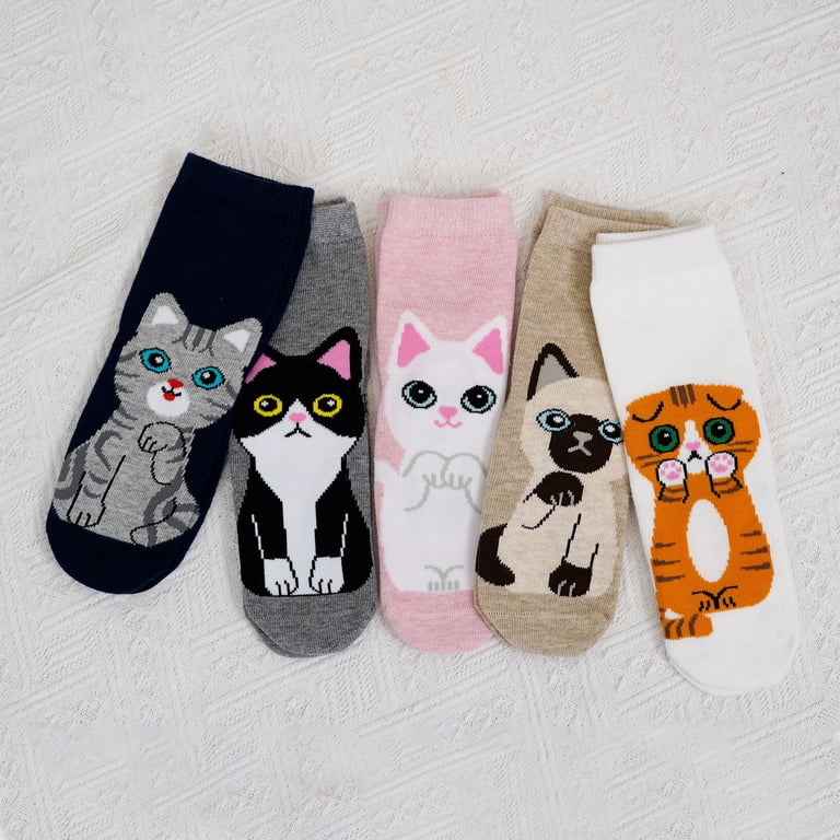 AMITOFO Girls Crew Socks with Cat Design, 5-Pack photo 3