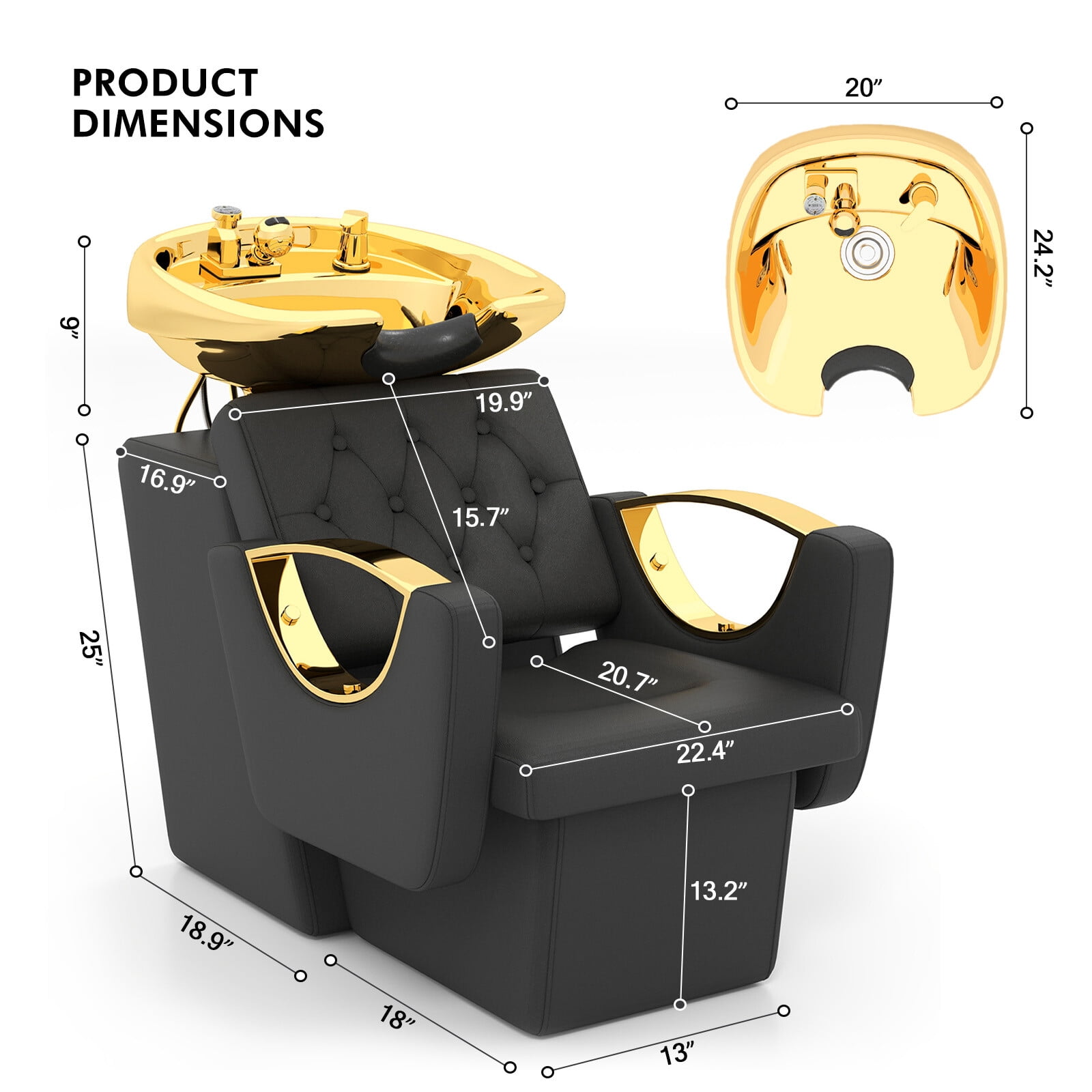 Black+Gold Barber Backwash Unit Ceramic Shampoo Bowl Hair Stylist Station Sink Beauty Salon Spa Equipment