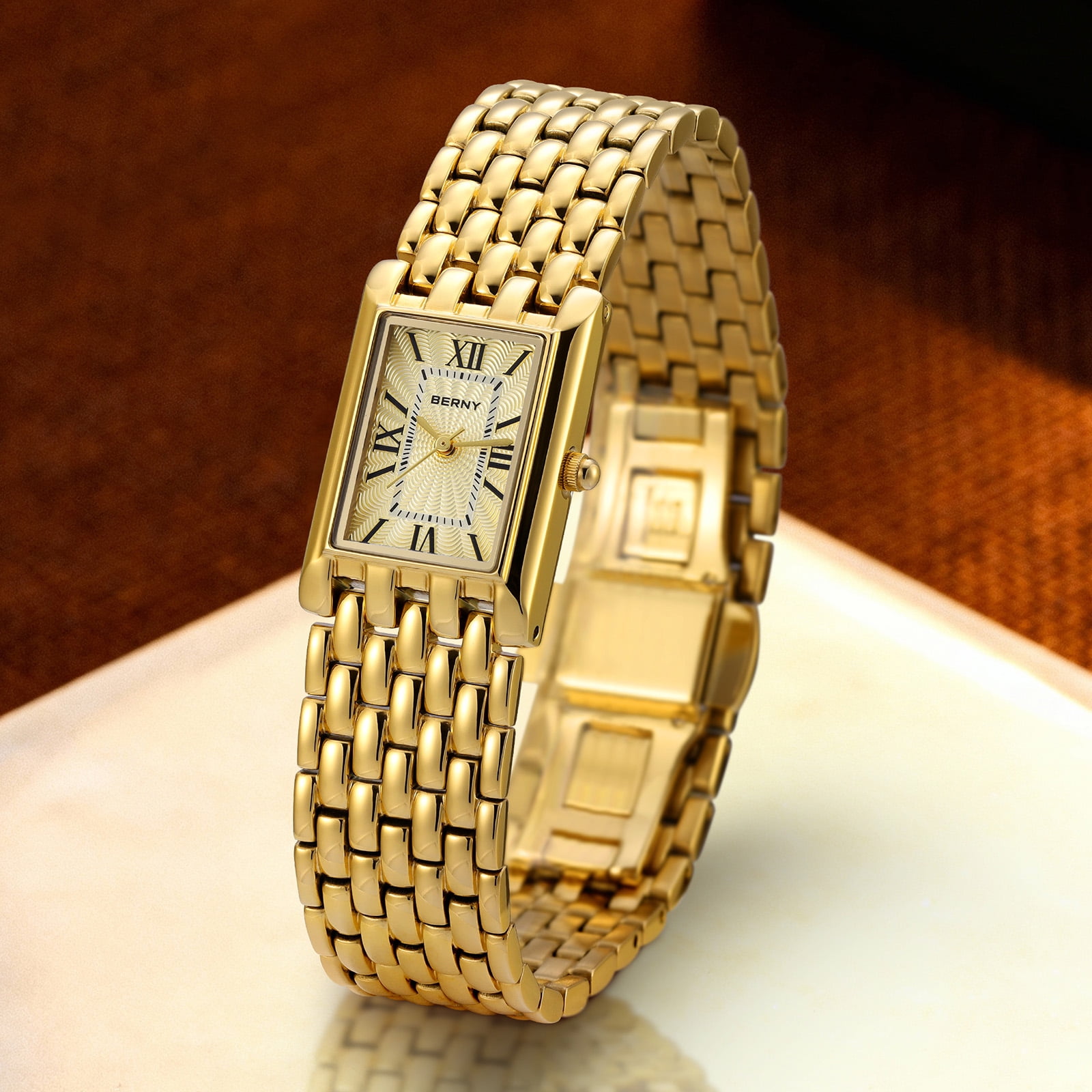 BERNY Small Gold Watches for Women, Luxury Vintage Rectangular Case Roman Dial, Dainty Stainless Steel Bracelet Watch, Adjustment Tool Included, Waterproof, Womens Gold Watch Gifts (Gold)