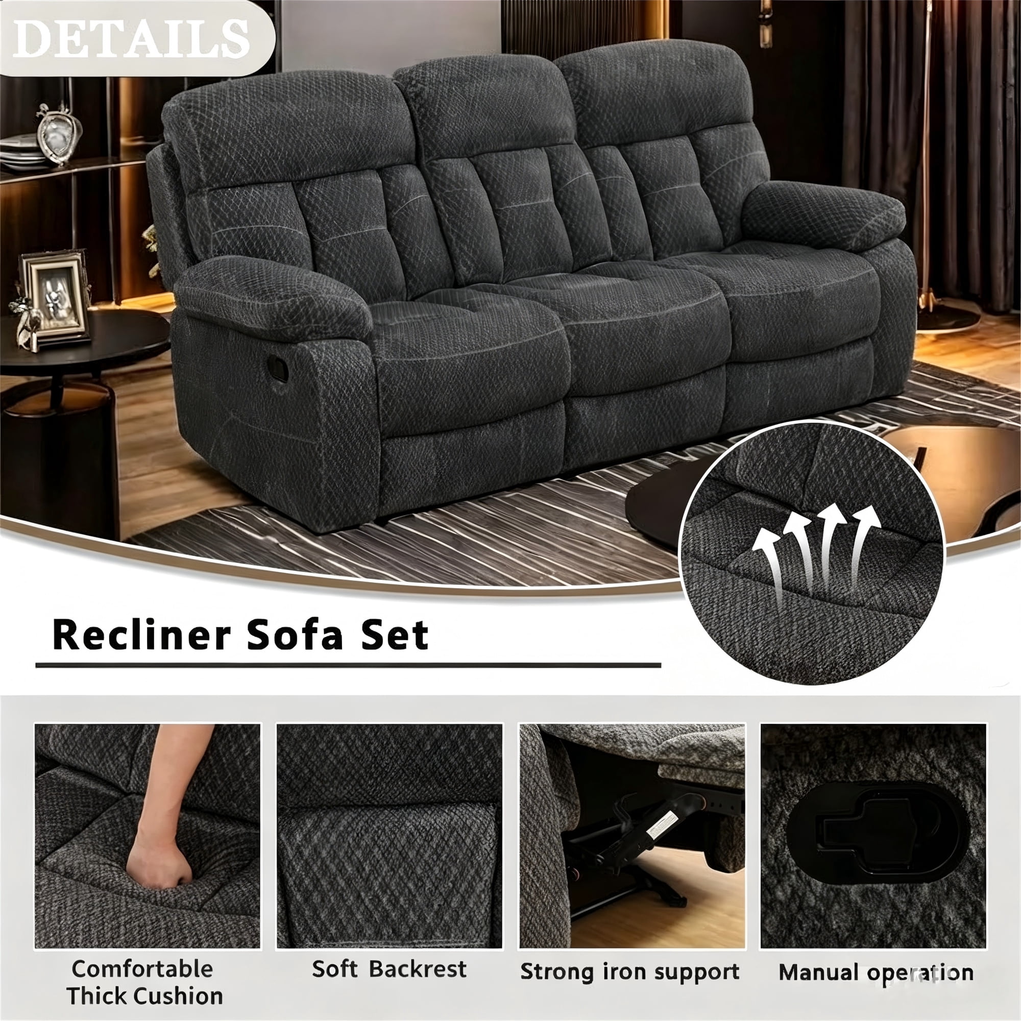 Aukfa 3-Piece Recliner Sofa Set - 87.5" 3 Seat Recliner w/ Flip Backrest Cupholder Console, Home Theater Seating, Gray