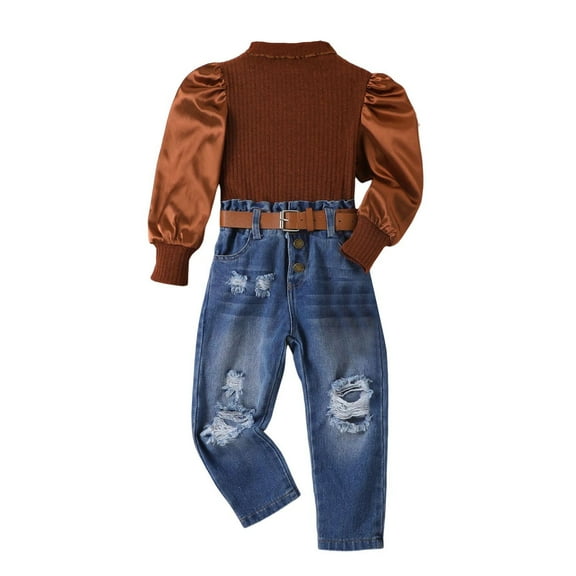 MEZZALL Kids Toddler Baby Girls Spring Winter Solid Color Cotton Ribbed Long Sleeve High Collar Tops Pants Outfits Clothes Cozy Dailywear, Brown, 6-7 Years