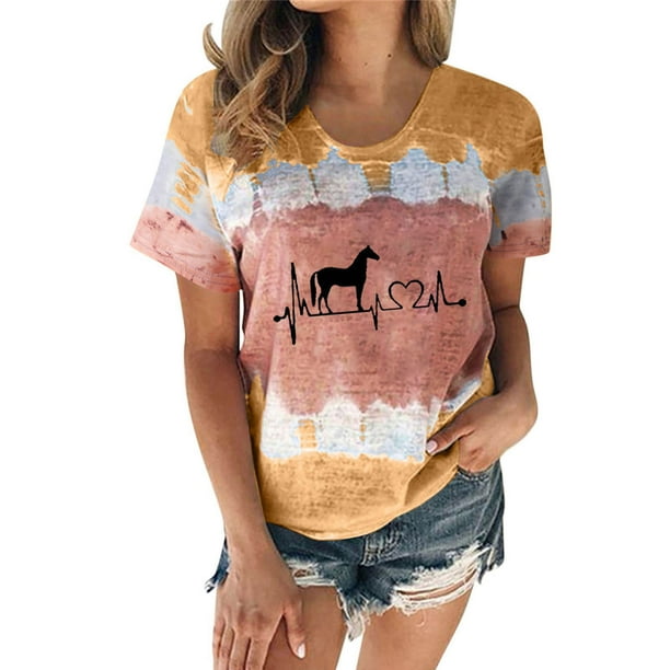 Mujeres Casual Cuello Redondo Manga Corta Estampado Jersey Blusa Camiseta Tops Sueltos OAVQHLG3B Store lin121212