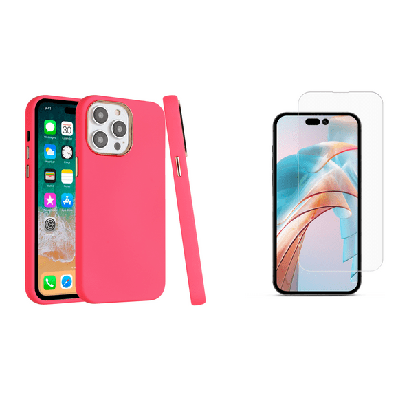 BEMZ Thin Chrome Hybrid Cover Case for iPhone 15 Pro Max (with Tempered Glass Screen Protector) Hot Coral Pink