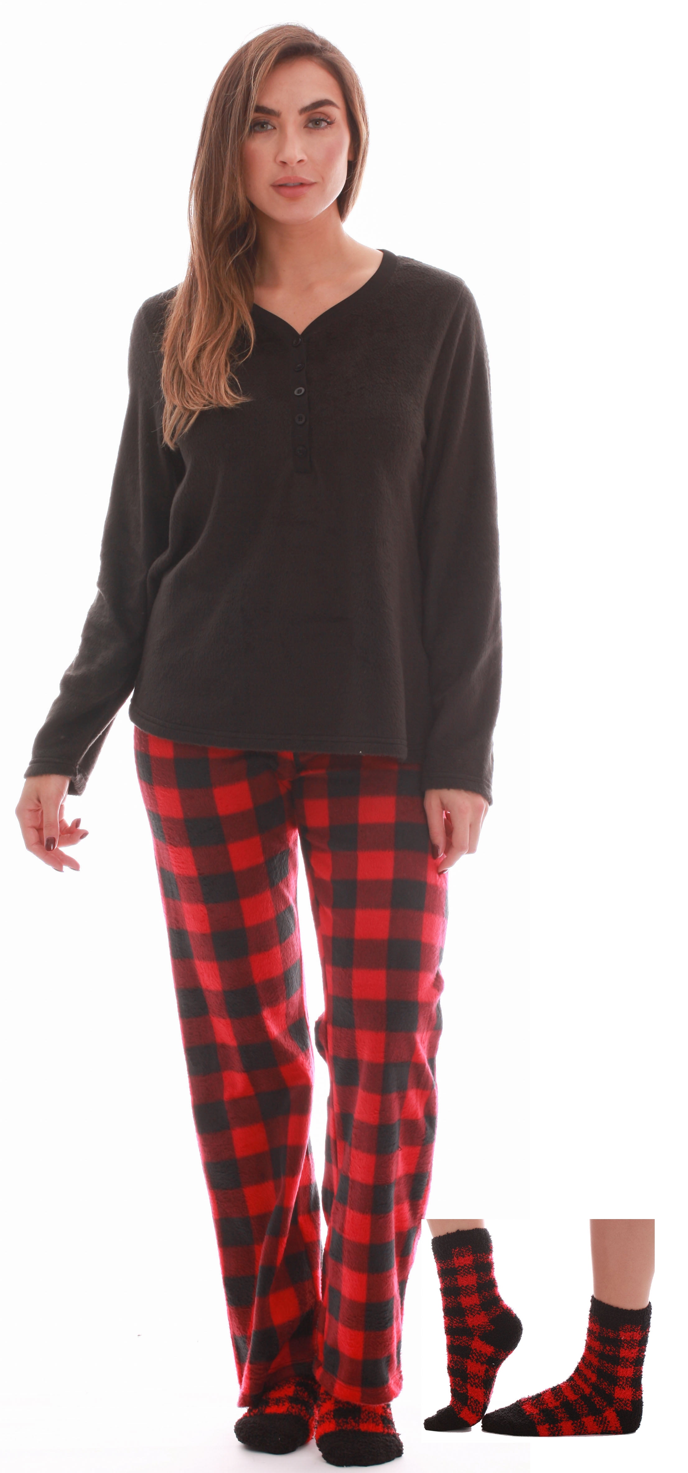 Details about    Women’s Ultra-Soft Pajama Pant Set with Matching Fuzzy Socks,XLarge,Red Black 