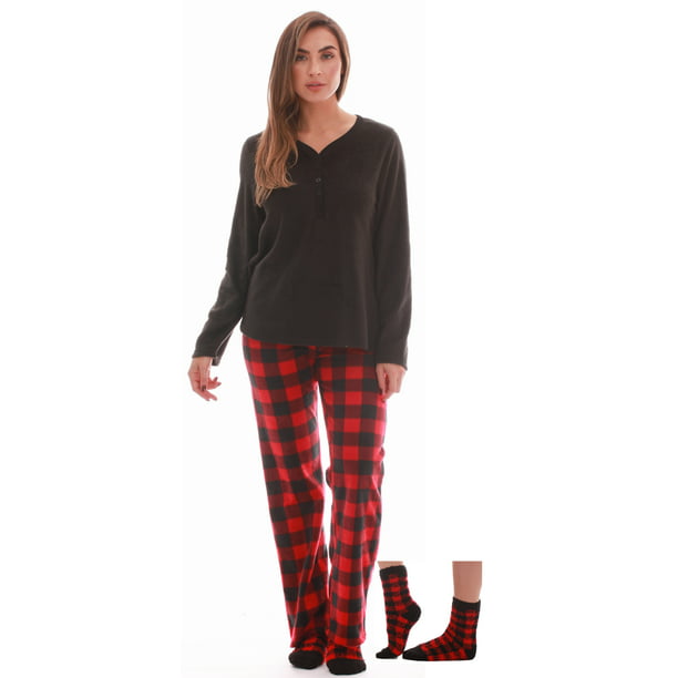 Just Love Womens Ultra-Soft Pajama Pant Set with Matching Fuzzy Socks (Red  Black - Buffalo Plaid, X-Large)