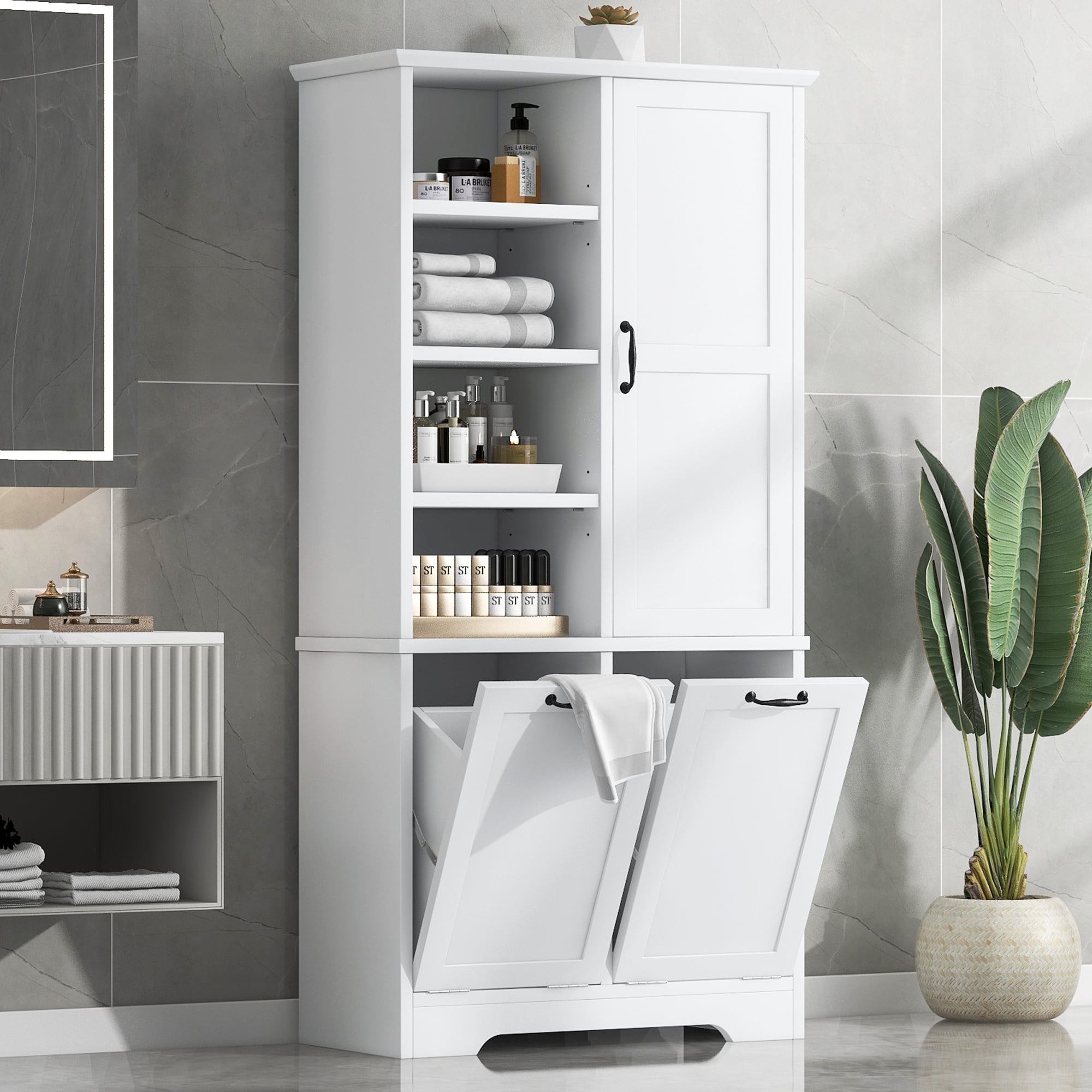 Euroco Laundry Hamper Cabinet with 2 Tilt-Out Baskets and Adjustable Shelves – Tall MDF Storage Cabinet for Bathroom or Laundry Room – Anti-Tip Design