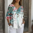 thumbnail image 6 of Linen Blouses for Women Summer V Neck 3/4 Sleeve T Shirts Vintage Floral Print Blouse Button up Tops Dressy Casual Vacation Outfits, 6 of 7