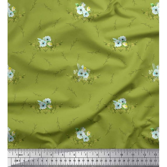 Soimoi Green Rayon Fabric Leaves & Anemone Floral Print Fabric by Yard 42 Inch Wide