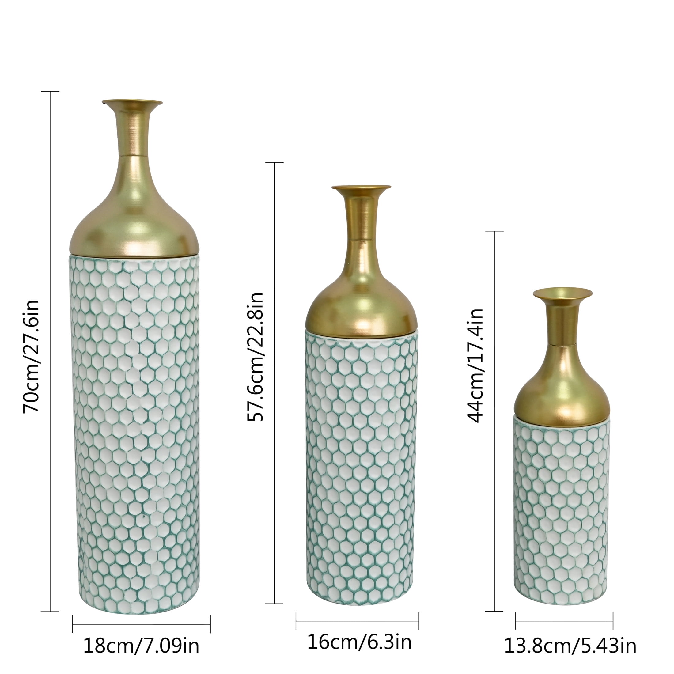 Noble House Set of 3 Decorative Metal Floor Vases, Tall Honeycomb Textured Vases for Home Decor, White+Gold