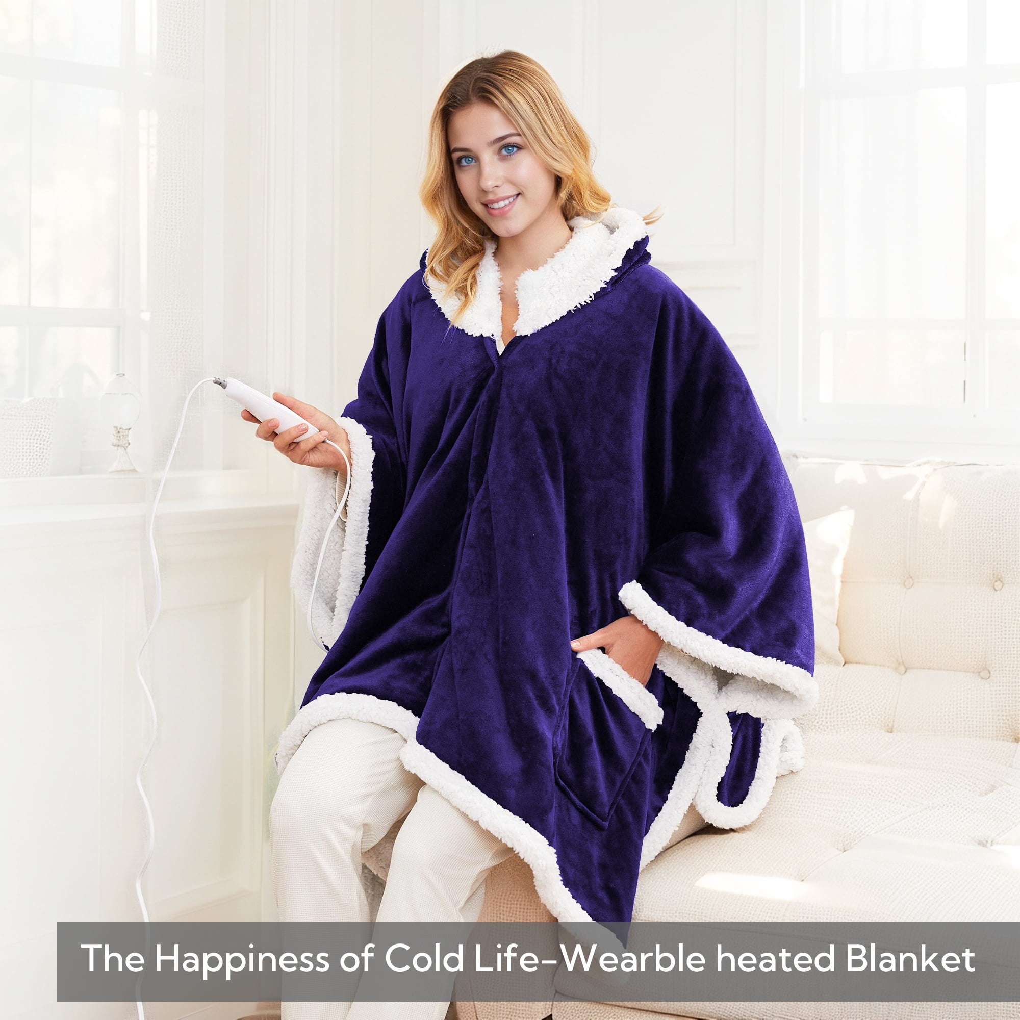 SUNNY HEAT Heated Electric Wearable Throw Blanket with Hood Pockets, 56"x63", Soft Flannel & Sherpa, 3H Auto Shut Off, Machine Washable, Purple