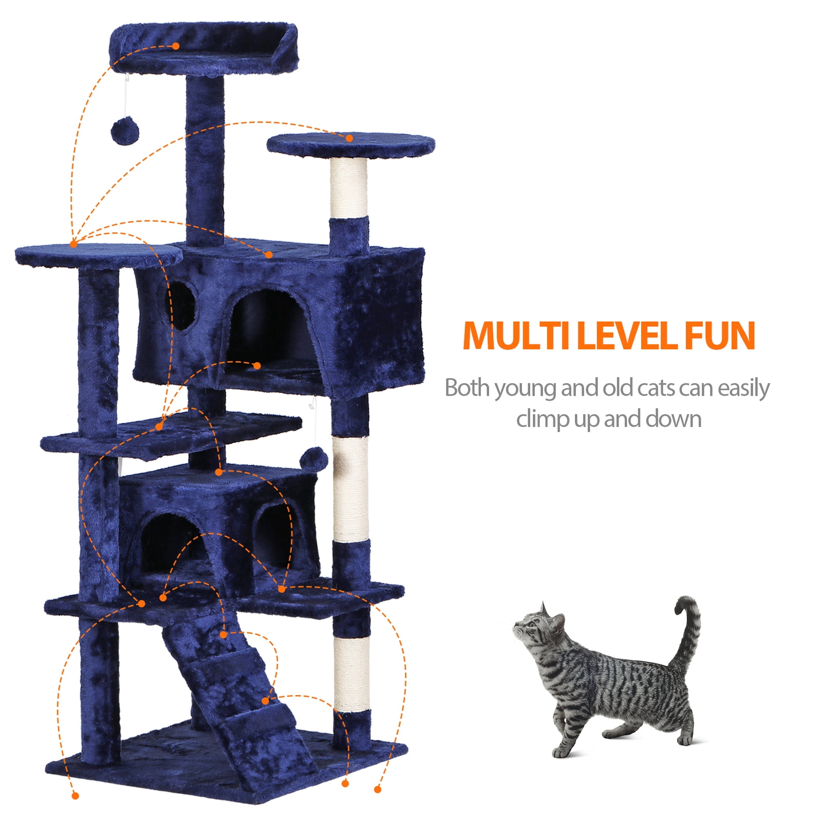 Favory Cat Tower Multi-Level Durable Cat Scratching Post & Cozy Fun Cat Jumping Platform Space Saving Cat Condo Pet Play House for Indoor Cats,55",Blue