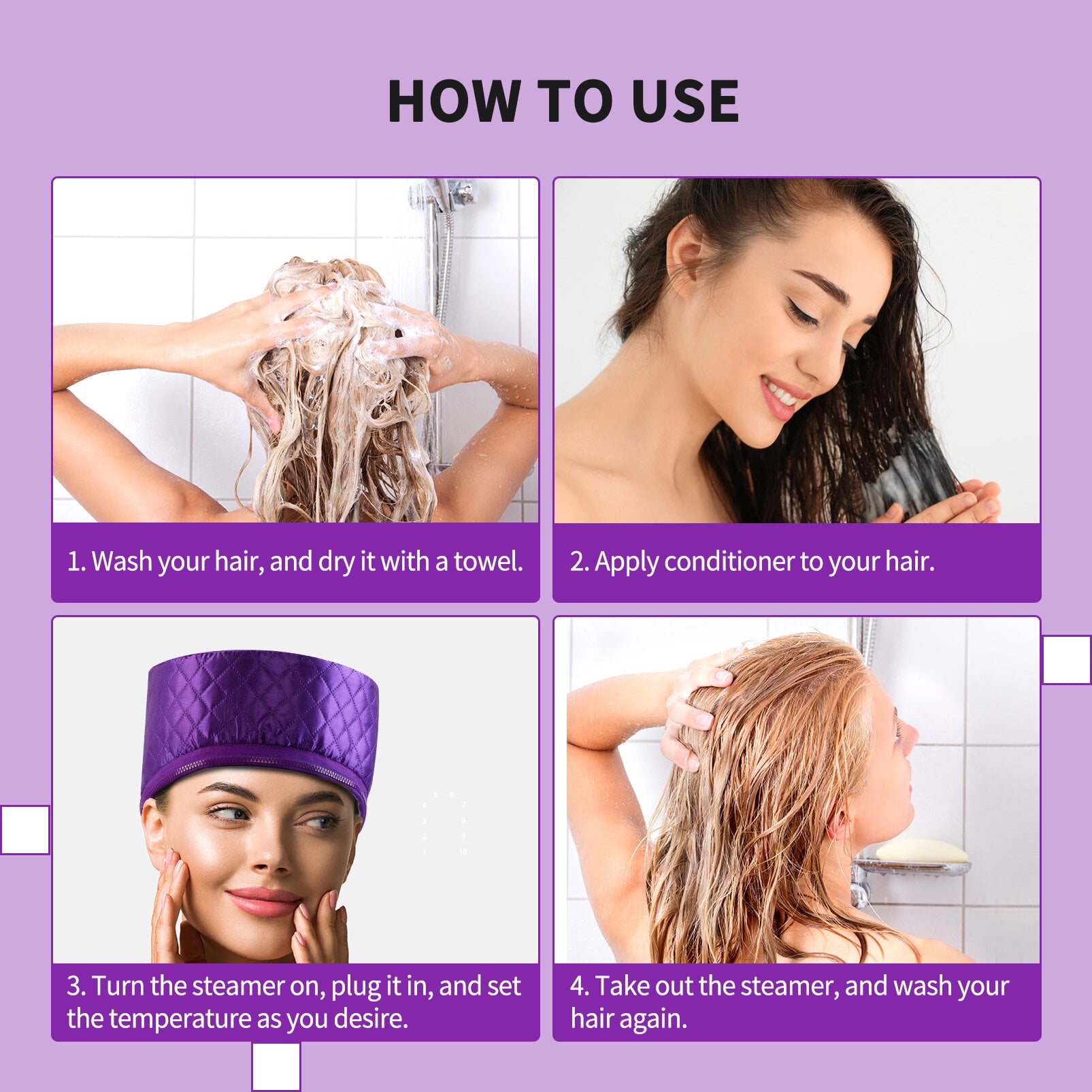 Uarter Hair Steamer Cap Practical Deep Conditioning Women Heating Thermal Heat Cap with 3 Mode Temperature Control, Purple