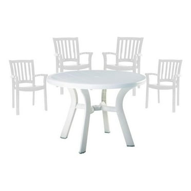 Pemberly Row 5 Piece Set 42" Round Resin Patio Table and 4 Resin Chairs in White