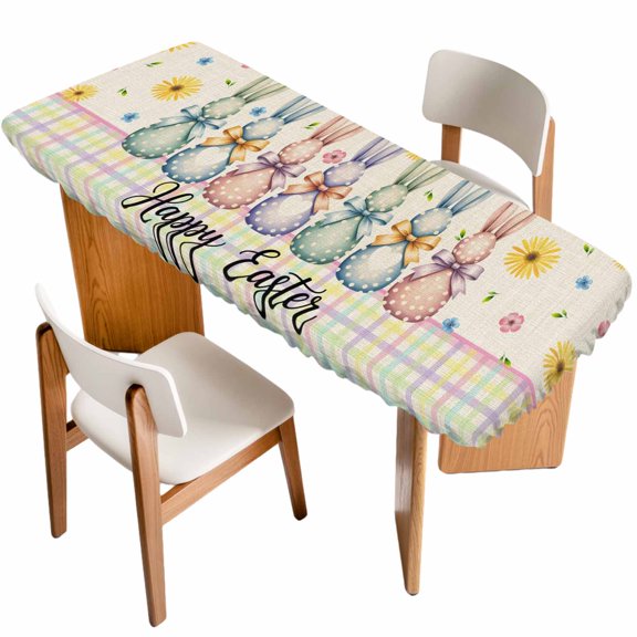 Easter Bunny Table Cloths for 8 Foot Rectangle Tables, Spring Watercolor Polka Dot Flower Plaid Beige Patio Waterproof Elastic Fitted Tablecloths, Washable Rectangular Table Cover for Camping