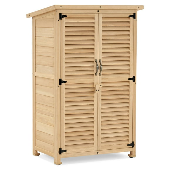 MCombo Outdoor Wooden Storage Cabinet, Garden Tool Shed w/ Latch, Outside Tools Wood Cabinet Double Doors