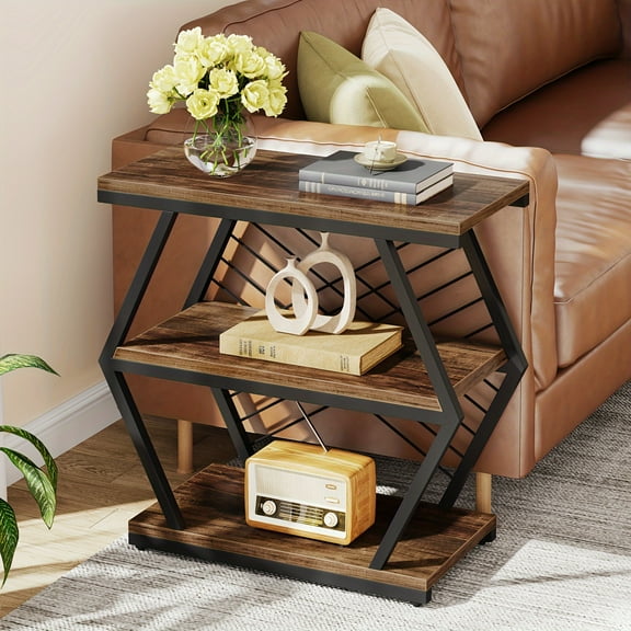 25" Rectangular End Table, 3-Tier Industrial Side Table with Geometric Metal Frame, Wood Sofa Bedside Table with Storage Shelf, Brown (1pc)
