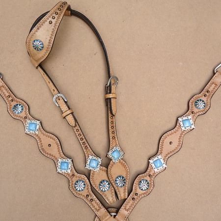 Tex Tan Leather Breast Collar - COMFYTACK WESTERN LEATHER HORSE HEADSTALL BREAST COLLAR TAN TURQUOISE CONCHO