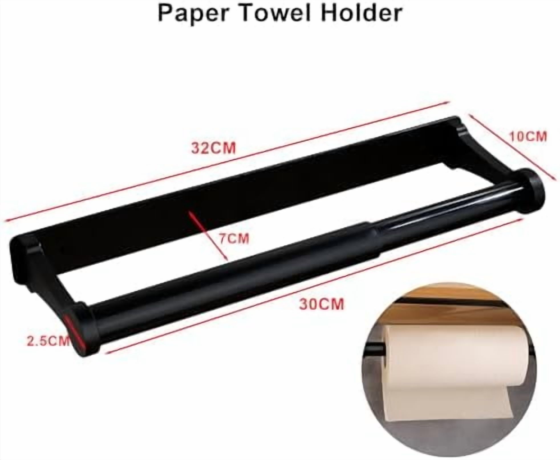 Paper Towel Holder Under Cabinet, Paper Towel Holder, Aluminum Alloy Kitchen Towel Holders, Self Adhesive Kitchen Roll Holder for Kitchen, Bathroom, Living Room (Black)