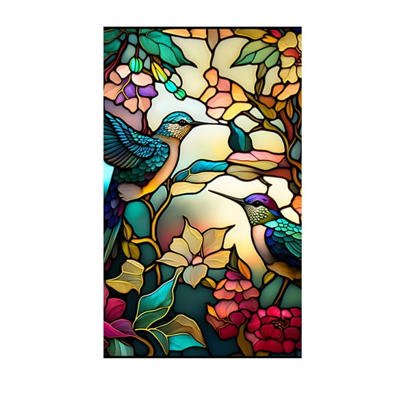 EastVita Retro Colorful Hummingbird Flower Stained Glass Window Film Non-adhesive Privacy Window Film Decorative Static Cling