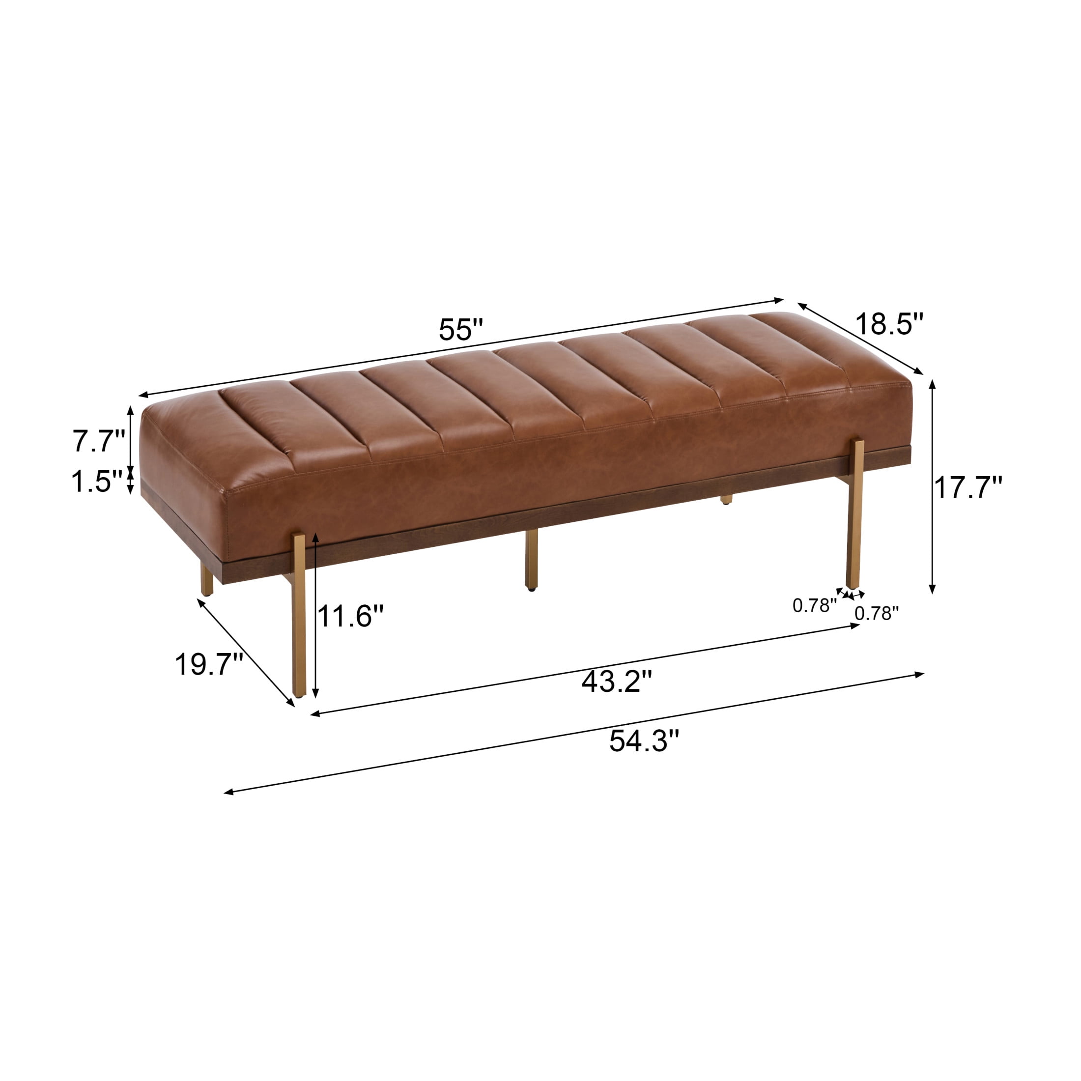 Modern PU Upholstered Bench with Channel Tufting, Metal Base, Brown+Gold