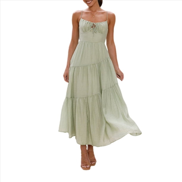Vestido Fluido con Tirantes Finos y Corsé para Mujer, Ideal para Vacaciones en la Playa o Como Invitada de Boda Verde XL