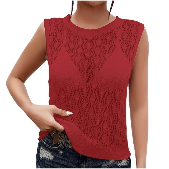 Knitted Tank Top for Women, Sleeveless Crew Neck Solid Color Lightweight Polyester Casual Blouse for Spring Summer