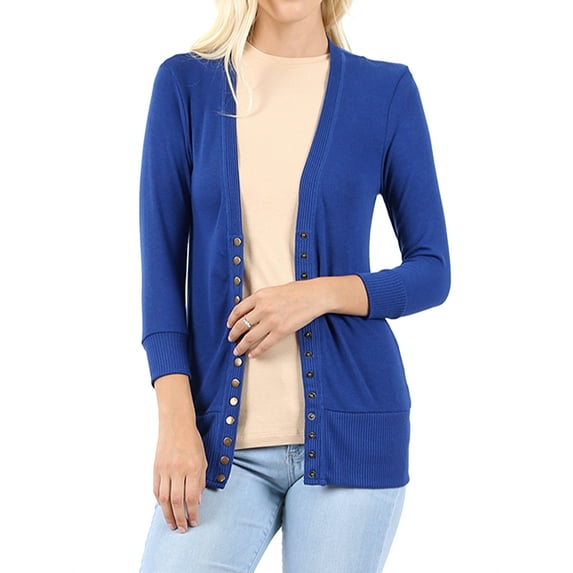 Women Classic Thin Snap Button Front V-Neck Button Down 3/4 Sleeve Ribbed Knit Cardigan