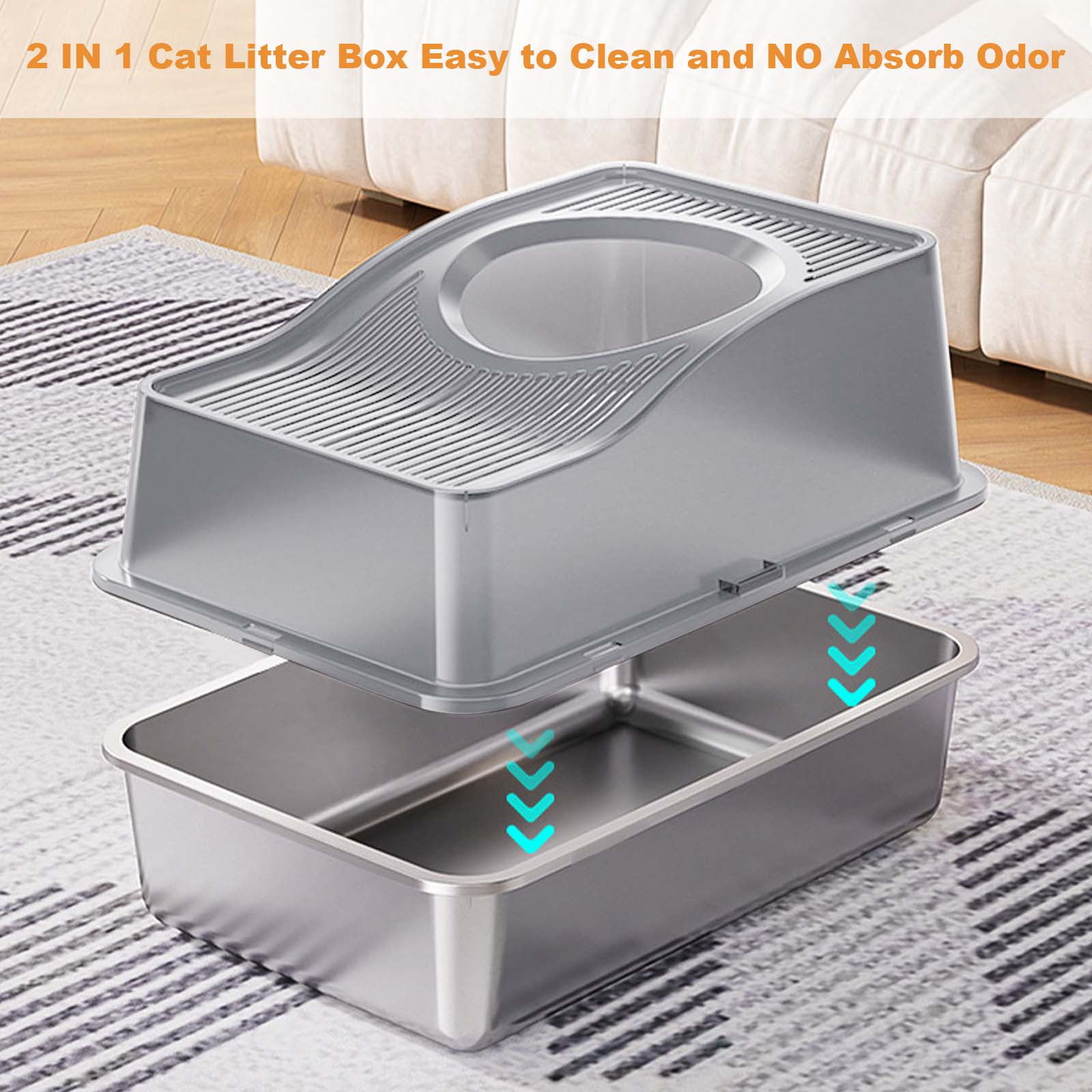 Cat Litter Box, Top Entry Enclosed Stainless Steel Cat Toilet, Cat Litter Box With Lid, Large Enclosed Cat Litter Box With Scoop And Mat, Non-Sticky